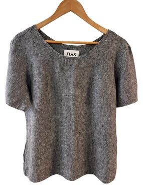 Flax Gray Linen Short Sleeve Scoop Neck Top size M excellent condition